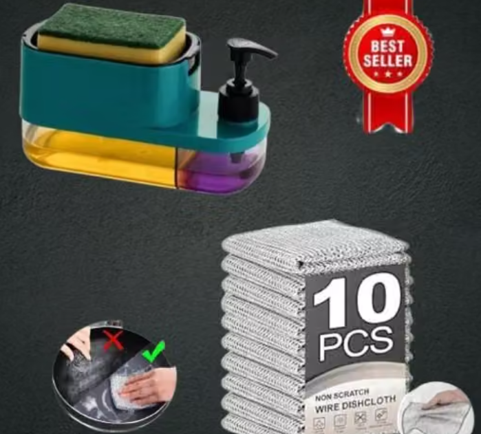 Kitchen Sink Sponge Holder with Dishwashing Liquid Dispenser & 10 Pcs Non-Scratch Wire Dishcloth Set