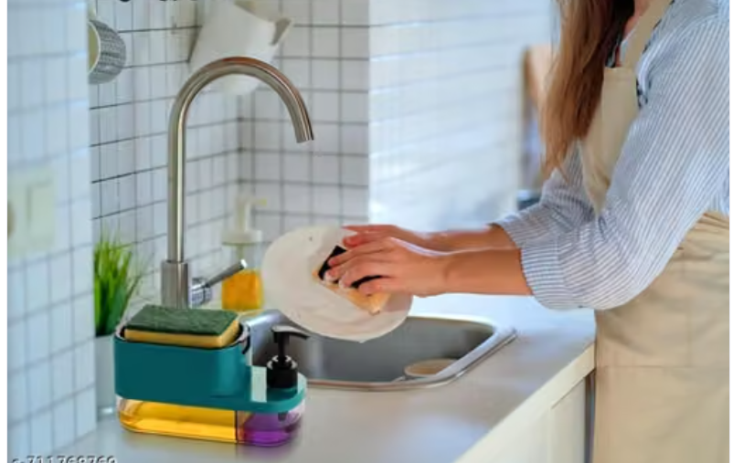 Kitchen Sink Sponge Holder with Dishwashing Liquid Dispenser & 10 Pcs Non-Scratch Wire Dishcloth Set